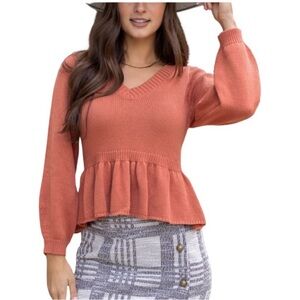 Grace & Lace Mels Pretty Peplum Sweater In Brick Size L NWT